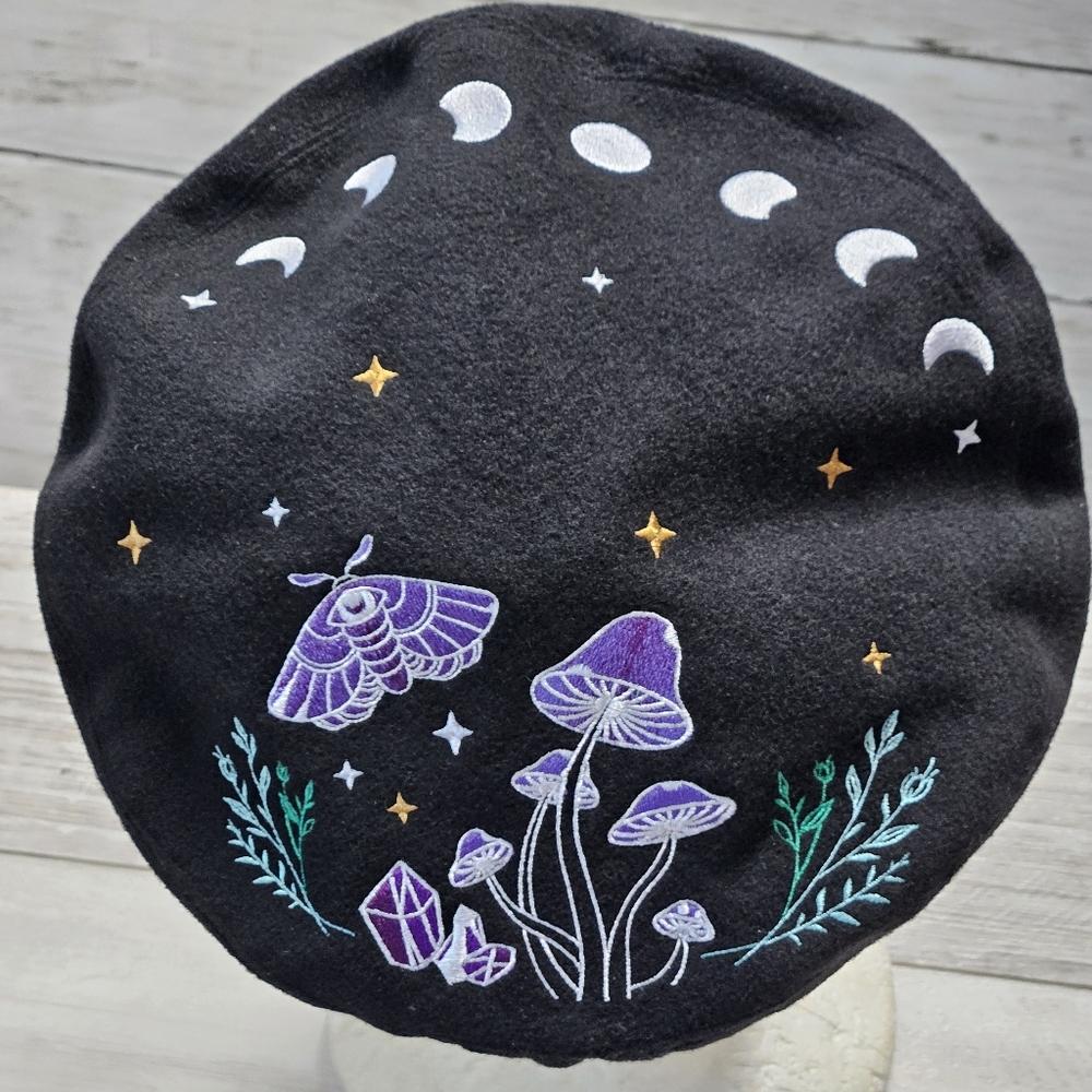 Women's Embroidered Beret Black Dark Forest Moth Mushroom